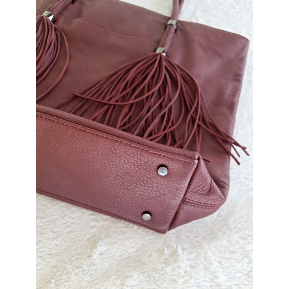 Vince Camuto Burgundy Leather Slouchy Fringe Tote Bag Shoulder Purse Western Zip - Picture 14 of 16